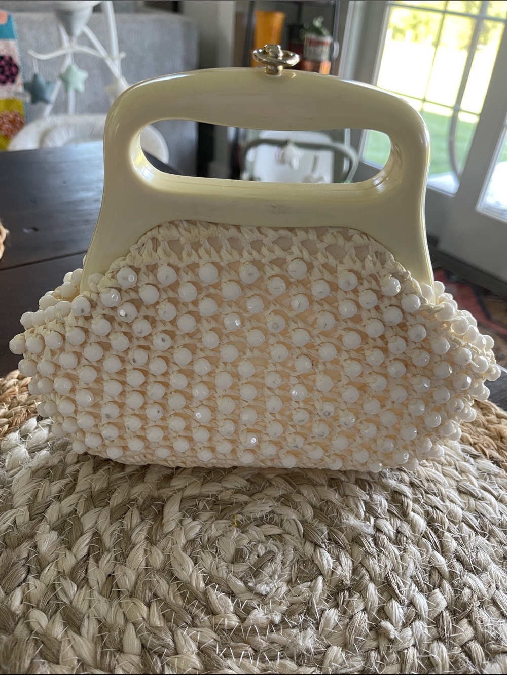 Vintage MCM Gaymode Italian Woven Raffia/Beaded-Lucite Handle Ivory Handbag